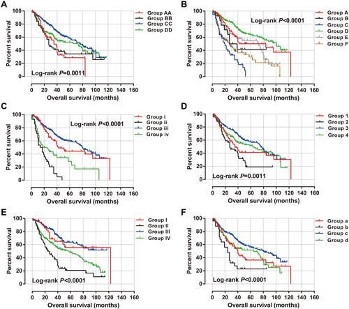 Figure 9 Joint effect survival analysis of ACBD4-rs4986172 and clinical parameters in Guangxi HBV-related HCC patients. (A) Joint effect survival analysis of rs4986172 and serum AFP; (B) Joint effect survival analysis of rs4986172 and BCLC stage; (C) Joint effect survival analysis of rs4986172 and PVTT; (D) Joint effect survival analysis of rs4986172 and radical resection. (E) Joint effect survival analysis of rs4986172 and tumor size; (F) Joint effect survival analysis of rs4986172 and tumor number.