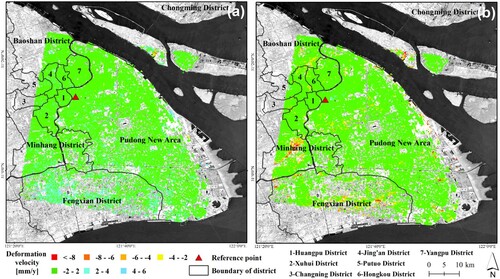 Figure 4. Deformation velocity map from 2016 to 2020 in (a) east-west direction, and (b) vertical direction. The red triangle represents the reference point.