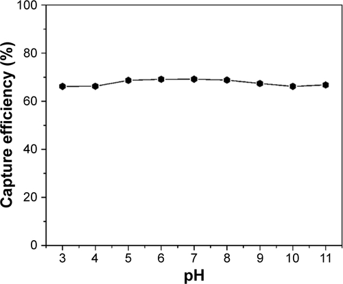 Figure S5 Effect of pH on the capture efficiency of Staphylococcus aureus; the original concentration of bacteria is 0.6 OD600 in PBS (10 mM).Abbreviations: OD600, optical density at 600 nm; PBS, phosphate buffered saline.