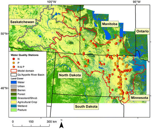 Figure 2. Major land coverages of the Red—Assiniboine River Basin (RARB) and the locations of calibration sites. Land cover data for Canada circa 2000 is derived from Natural Resources Canada Geobase, and for the US it is from 2001 National Land Cover Data. Red N (nitrogen) circles and orange P (phosphorus) circles show which parameters were sampled from particular water quality stations.