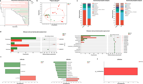 Figure 2 Microbial Composition and Diversity Analysis in Lower Airway Secretions. (a) Hierarchical clustering analysis visualization depicting significant differences in the microbial composition between the NARDS and control groups. (b) PCoA analysis revealed significant differences in the microbiota of lower airway secretions between the NARDS and control groups (R = 0.211, P = 0.001). PC1 indicates the variation of samples along the first principal component, and PC2 represents the variation along the second principal component. (c) Demonstration of the microbial structure of lower airway secretions from the NARDS and control groups at the phylum and genus levels. (d) Differential analysis between the NARDS and control groups highlights significantly different bacteria in the lower airway secretions at both the phylum and genus levels (*0.01 < P ≤ 0.05, **0.001 < P ≤ 0.01, ***P ≤ 0.001). (e) LEfSe analysis showed the most significant differences in the lower airway secretions between the NARDS and control groups at the phylum and genus levels. (f) LEfSe analysis identifies the most significantly different bacteria in the lower airway secretions between the NARDS_S and NARDS_M groups.