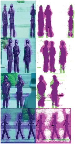 Figure 4. Results from the test set of images. The images from the left show the labeled pixels overlapped with the original image. The images from the left show the labeled pixels overlapped with the ground truth. The green and magenta regions highlight areas where the segmentation results differ from the expected ground truth