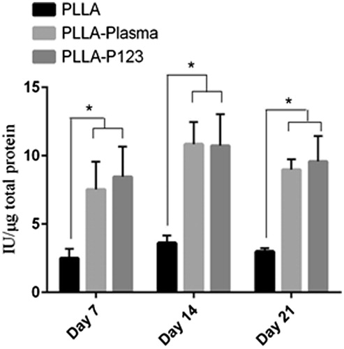 Figure 4. Alkaline phosphatase (ALP) activity in stem cells of PLLA, PLLA–plasma and PLLA nanofibre scaffolds at 7, 14 and 21 days of osteogenic differentiation.