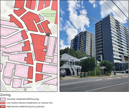 Figure 10. 2021 zoning in Study Area 3, which allows 15-story buildings adjacent to character housing, and the resulting built form.