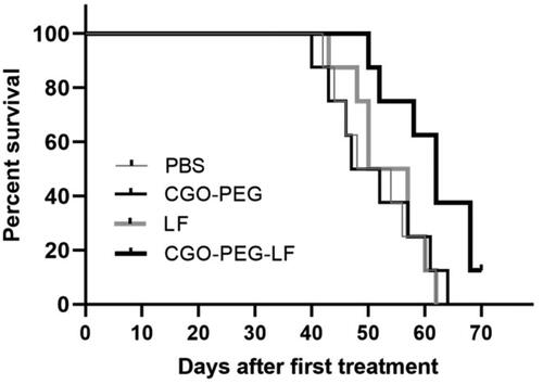 Figure 10. Kaplan–Meier survival curve of lung tumor-bearing mice i.v. injected by equal amount of bLF (50 mg/Kg, every three days for a total of 3 times) in form of CGO-PEG-bLF or free bLF. Control groups were treated by the equal volume of the tests (100 µl).