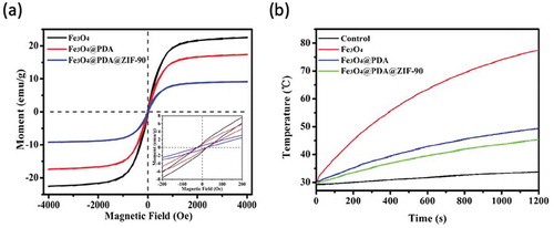 Figure 6. (a) Magnetization curves of different nanoparticles; (b) temperature variation curves of 5 mg/mL different nanoparticles in water under an AMF with 409 kHz and 180 Gauss for 20 min.