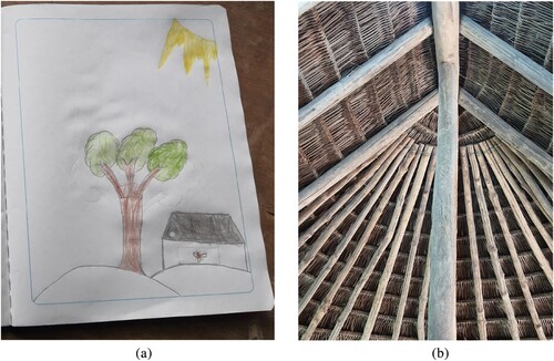 Figure 1: The technology of building houses was frequently mentioned in discussions about community-driven development models. Here, it appears (left) in a child's drawing and in a picture (right). © Ana Cristina Suzina.