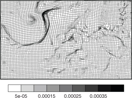 Fig. 1 Relative vorticity (shadings, s −1) in the ARPEGE analysis of the 7th of November 2011 (12UTC) at model level 60 (≈900 hPa). Also shown is the Geostrophic Transform, represented here as grid lines bending of a regular grid induced by the GT (solid black lines). The geographical contours are not represented for clarity but the domain is the same as in Fig. 2.