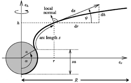 Figure 12. (colour online) Illustration of the wrapping geometry and membrane parametrization. An asymptotically flat membrane adheres partially to a spherical colloid of radius a with a degree of wrapping given by z=1−cos⁡α. Cylindrical symmetry around the eh axis is assumed. Figure reproduced from Ref [Citation19].
