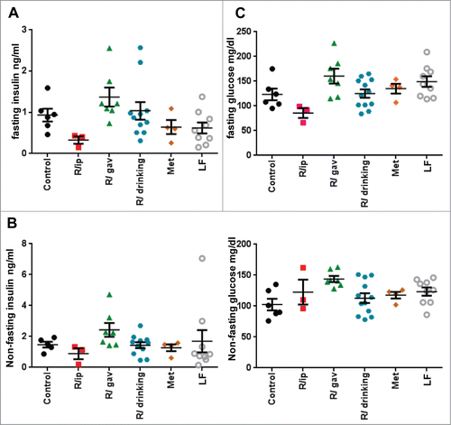 Figure 3. Blood glucose and insulin levels in 23 month-old mice on high fat diet 15 months from the beginning of the treatment with different schedules of rapamycin or metformin. Insulin (A and B) and glucose (C and D) concentrations were determined in fasting and non-fasting sera. Data presented as mean ± SE.