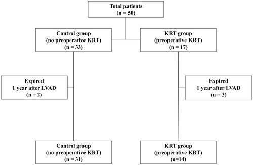 Figure 1. Flowchart of enrolled patients. A total of 50 patients were included in our study. Patients were divided into two groups depending on preoperative KRT: the control (non-KRT) group (n = 33) and the KRT group (n = 17). Analysis for baseline characteristics and survival was performed. Linear fixed effects analysis regarding post-LVAD eGFR was performed after excluding patients who expired before 1 year after LVAD implantation (n = 2 in the control group and n = 3 in the KRT group).