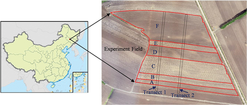 Figure 1. The geophysical location and experiment field of our study area. The polygons with black outlines are two transects for super high-resolution UAV observations. A. Straw mulching ridge tillage (SMRT), B. Straw mulching strip-till+no-till (SMSTNT), C. Straw mulching wide-narrow row strip-till (SMWRST), D. Straw returning mulch tillage (SRMT), E. Straw mulching wide-narrow row no-till (SMWRNT), F. Straw mulching-deep plowing returning to the field in turn (SMPR) respectively.