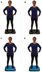 Figure 2 Testing positions for the BTrackS mCTSIB protocol. In all conditions, individuals stood as still as possible on the BTrackS balance plate with feet shoulder width apart and hands on hips. Condition 1 (A, Standard) was performed with eyes open while standing on the firm surface of the plate. Condition 2 (B, Proprioception) was performed with eyes closed while standing on the firm surface of the plate. Condition 3 (C, Vision) and condition 4 (D, Proprioception) were performed while standing on foam with eyes open and eyes closed, respectively. Image used with written informed consent of individual shown. Abbreviations: mCTSIB, modified Clinical Test of Sensory Integration and Balance; BTrackS, Balance Tracking System.