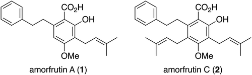 Figure 1. Structures of amorfrutins A (1) and C (2).