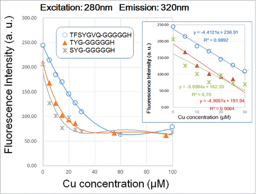 Figure 4. Effect of copper concentration on quenching of 280 nm excitation/320 nm emission signals by three G5H-conjugated GFP fluorophore-derived oligo-peptides. Peptides (30 μM) used were as in Figure 2. Quenching of fluorescence was performed as in Figure 3. In the inset, linear relationships between the remitted range of Cu concentration (up to 40 μM) and the decrease in peptidic fluorescent signals are shown.