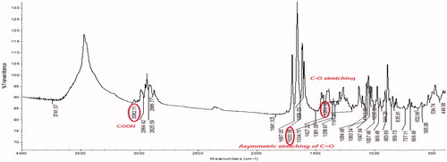 Figure 2. FTIR spectrum of acid (H2SO4:HNO3::NH4OH:H2O2)-treated MWCNTs.