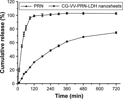 Figure 2 Cumulative release–time profiles of PRN and CG-VV-PRN-LDH nanosheets.Note: Each value represents mean ± SD (n=3).Abbreviations: PRN, pirenoxine sodium; CG-VV, chitosan–glutathione–valine–valine; LDH, layered double hydroxide; SD, standard deviation.