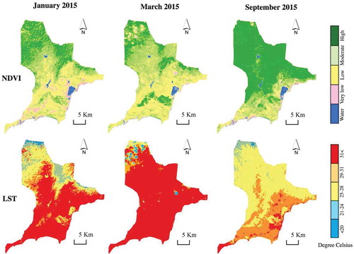 Figure 6. Simply classified NDVI (top) and LST (bottom) in January, March and September in 2015 (from left to right). Throughout a year, coastal areas, where there are low NDVI vales, and high temperatures, are potentially impacted by drought.