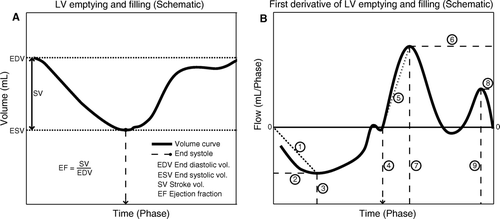 Figure 1.  Part A) is a schematic illustration of LV emptying (outflow), and filling (inflow) in a LV volume versus time plot. Part B) is achieved by differentiation of the plot in A). The first derivative; flow (volume/time) is plotted against time for assessment of the velocities of emptying and filling and the corresponding acceleration of these velocities. In- and outflow were found to be the most appropriate terms since flow equals volume per time unit. Explanation: 1) Maximum outflow acceleration; 2) Maximum outflow; 3) Time to maximum outflow; 4) Time to end-systole; 5) Maximum early inflow acceleration; 6) Maximum early inflow; 7) Time to maximum inflow; 8) Maximum late inflow; 9) Time to maximum late inflow.