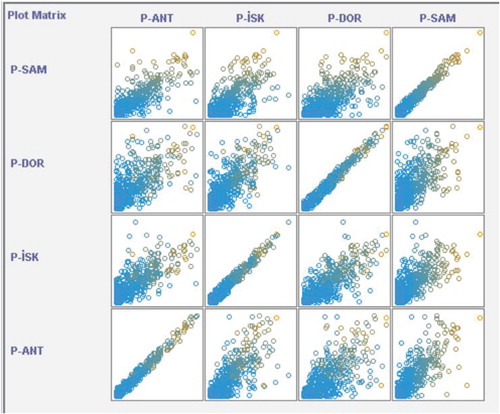 Figure 2. Visual correlation matrix in precipitation data for study area stations.