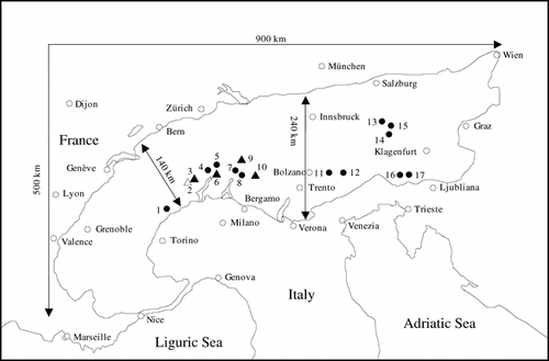 FIGURE 1. Map of investigated sites. Measurements: • (population density); ▵ (population density and seed weight); ▴ (population density, seed weight, and seed number). (1) Grauson (Cogne, Val d'Aoste, Italy). (2) Zwischbergen (Saas, Wallis, Switzerland). (3) Claudio e Bruno (Formazza, Piemonte, Italy). (4) Passo Cristallina (Bedretto, Ticino, Switzerland). (5) Pazolastock (Oberalp, Graubünden, Switzerland). (6) Passo Scuro (Leventina, Ticino, Switzerland). (7) Grevasalvas (Maloja, Graubünden, Switzerland). (8) Grialetsch (Sils, Graubünden, Switzerland). (9) Piz Nair (St. Moritz, Graubünden, Switzerland). (10) Piz Lagalb (Bernina, Graubünden, Switzerland). (11) Sass Capell (Arabba, Dolomiti, Italy). (12) Porta Vescovo (Arabba, Dolomiti, Italy). (13) Grosser Hafner (Maltatal, Kärnten, Austria). (14) Faschaunereck (Niedere Tauern, Kärnten, Austria). (15) Reitereck (Niedere Tauern, Kärnten, Austria). (16) Mangart (Tarvisio, Alpi Giulie, Italy). (17) Triglav (Planika, Julic Alps, Slovenia)
