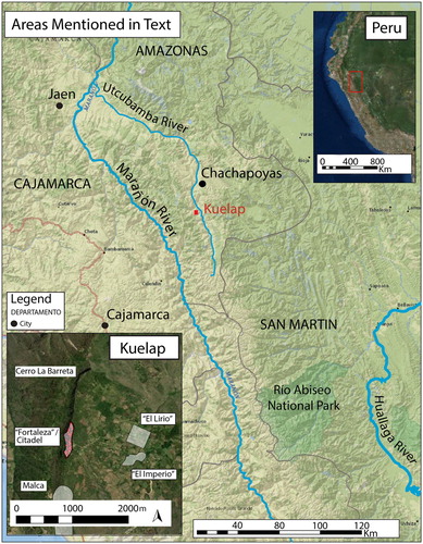 Figure 1. Map of Kuelap’s location within Peru and the department of Amazonas; locations mentioned in text highlighted.