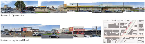 Figure 6. Streetscape of Springvale Market Square: Queens Avenue and car park. Map and photographs by authors.