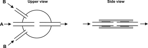 Figure 2 Schematic drawing of microfluidic precipitation device.Notes: The setup was arranged between two standard microscopy glasses, blunt ophthalmic needles in short polytetrafluoroethylene pipes served as input and output channels. (A) Ethanol solution of organic dye. (B) Precipitating aqueous solution containing oxidized dextran and dodecylamine. Needles were fixed with silicon (polydimethylsiloxane) glue, the same glue was used to form a round hydraulic chamber between glasses.