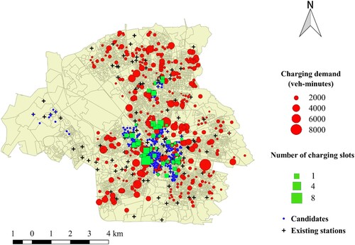 Figure 12. Expected charging demand and optimal charging station locations (B = 100*€2500).