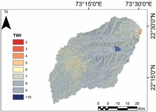 Figure 5. Spatial variation of topography wetness index across Vishwamitri watershed.