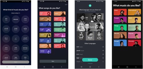 Figure 1. Music language selection screen on Indian MSPs (from L-R: Wynk Music, Gaana, JioSaavn, Spotify). Source: screenshots taken by author Lal.