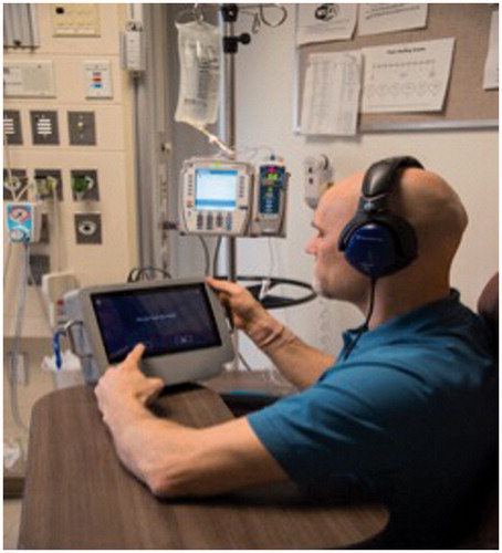 Figure 1. The OtoID-tablet is shown below. In this picture, a Veteran is testing his own hearing on the Chemotherapy Treatment Unit during treatment. Using the self-testing modality, a screen directs the veteran to listen for a tone. After the listening interval, he is asked to respond (yes or no) if a tone was heard. A tone may or may not be presented. The percentage of intervals without tones (“catch trials”) being played can be varied in the software. Noise monitoring microphones (not shown) monitor the room for excessive noise. If noise exceeds the MPANLs for a test room, a tone will not be presented and the screen will instruct the veteran to seek help in quieting the room. Bilateral automated SRO pure tone testing takes approximately 15 min.
