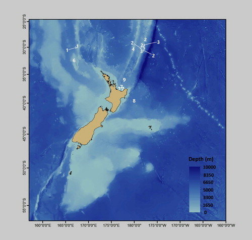 Figure 1. Distribution of described species (positions shown are approximate). #1 = Antipathes coronata; #2 = Antipathes dicrocrada; #3 = Antipathes polyhedra; #4 = Acanthosaropathes uniseriata; #5 = Phanopathes ctenocrada; #6 = Cupressopathes simplex; #7 = Stylopathes stenotes; #8 = Stauropathes stellata; #9 = Heteropathes intricata. Not shown, Telopathes tasmaniensis (44.33°S, 147.17°E).