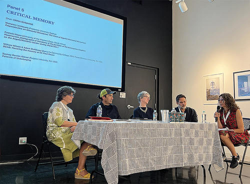 Conference session on Critical Memory (left to right): Zeeynep Devrin Gürsel, Will Wilson, Patricia Hayes Nicolas Lambouris and Erina Duganne (chair).