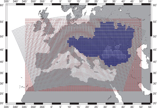 Fig. 1 ALADIN-Climate grid in grey, TRIP 0.5° in red, Black Sea drainage area in blue.