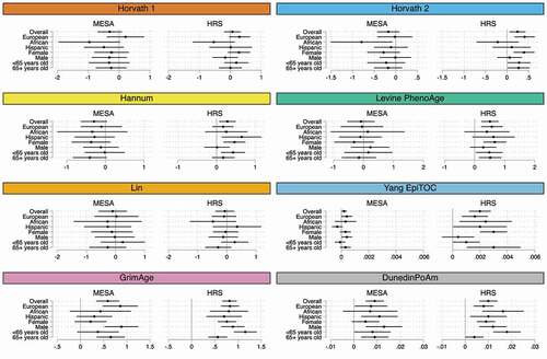 Figure 4. Forest plots of the association between epigenetic clocks and the SES index by demographic characteristic, MESA and HRS.