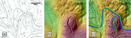 Figure 3. Detail from (a) the German Base Map 1:5000 and (b) the DEM. The overlay in (c) shows the edges of a sunken road and a pedestrian walkway marked in green (DEM) and blue (map). The offsets are up to ca. 10 m here. The distribution of offsets is random over the whole study area and can therefore not be corrected.