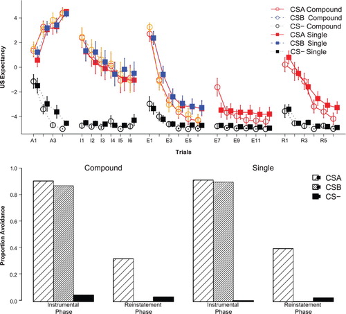 Figure 2. Top panel: Mean US-expectancy across all phases for the all CSs for both groups. Error bars indicate standard errors. Bottom panel: Mean proportion of avoidance responses for each CS and for each group during the instrumental and the reinstatement phase.