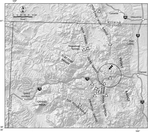 FIGURE 1 Location of Colorado and southern Wyoming snowpack sampling sites. Dust layer solute concentration at sites within the circle exceeded those sampled at sites located farther north or south. Black triangles denote sites sampled at the Fraser Experimental Forest.
