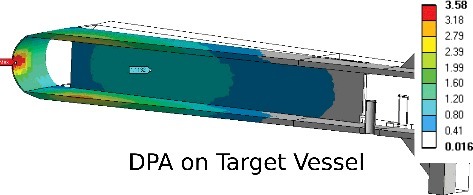 Figure 7. Radiation damage distribution along a cross section of the stainless steel vessel. The employed value for the displacement threshold energy was Td = 40 eV.