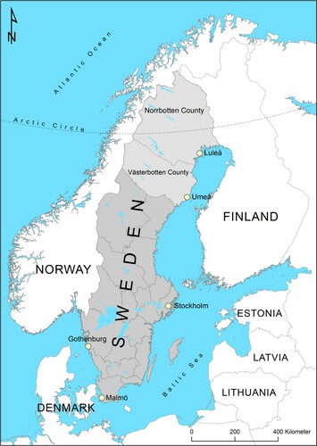 Figure 1. Sweden and the two counties of Norrbotten and Västerbotten, including county capitals.