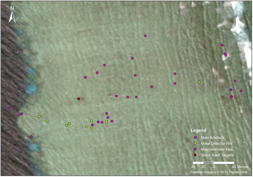 Figure 6. Disposition of reef top shipwreck site features and artefacts, and associated area of discoloration (‘black reefs’) at Boot Reef. Magnetic anomalies and metal detector contacts are also shown (image: Irini Malliaros and Digital Globe).