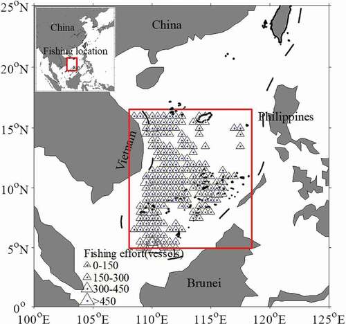 Figure 1. Spatial distribution of fishing effort of Sthenoteuthis oualaniensis in the South China Sea from spring to winter during 2014–2017. The region within the red rectangular box is our study area