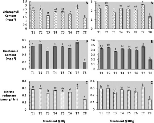 Figure 1. Role of the organic amendments in physiological activities of M. incognita inoculated spinach plant. (A) Chlorophyll, (B) Carotenoid and (C) Nitrate reductase. Data presented as means ± SE (n = 5). According to Duncan's multiple range tests, bars (means ± SE) with the same letters are not significantly different (Treatment: T1-Achyranthes aspera; T2-Calotropis procera; T3-Colocasia esculenta; T4-Lantana camara; T5-Ricinus communis; T6-Wedelia chinensis; T7-Untreated Uninoculated Control; T8- Untreated inoculated control).