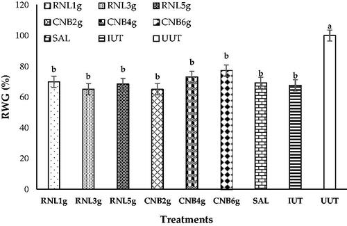 Figure 5. Effect of experimental treatments and infection with E. tenella on the weight gain ratio (RWG) of birds at 7 DPI. RNL 1g, RNL 3g, and RNL 5g represent 1, 3, and 5 g Rumex nervosus leaf powder/kg diet, respectively; CNB 2g, CNB 4g, and CNB 6g represent 2, 4, and 6 g cinnamon/kg diet, respectively; SAL: 66 mg of salinomycin/kg diet; IUT and UUT: basal diet with and without coccidiosis challenge, respectively. Different lowercase letters indicate significant differences.