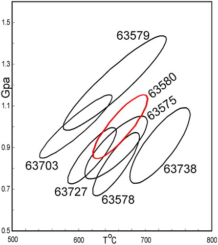 Figure 18. Average P–T for amphibolite facies samples in the Mutis Complex. The sample in red (63580) is from a block in the Eastern Sector melange. All other samples are from the Western Sector. P–T conditions calculated using rim garnet composition and Thermocalc (Holland & Powell, Citation2011).