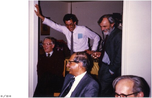 Figure 2. Mike Klein (standing in the white shirt) with from left to right Herman Berendsen, Aneesur Rahman, Ian McDonald, and Konrad Singer (1984).