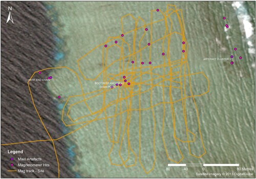Figure 5. Close-order survey conducted east of the large magnetometer contact on the western edge of Boot Reef. The site’s main magnetic anomaly field is located northeast of Anchor A2 (image: Irini Malliaros and Digital Globe).