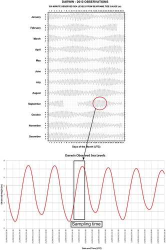 Figure 3. Darwin tide chart for 22 September 2013, on the left with the actual tide height changing based on a 6-min data (BoM), and insert below showing a detailed version of the tide variance in Darwin Harbour during our sampling period highlighted in the black box from 0700 h to 1200 h local time on 22 September 2013. Reproduced with kind permission from the Bureau of Meteorology (BoM).