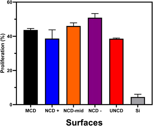 Figure 5. Proliferation of A549 cells determined by MTT assay after 48 h. Data shown are mean values ± SD of three independent experiments, each done in triplicate. Different columns show differences in cell proliferation for the MCD, NCD (with different gran sizes), UNCD and Si surfaces, showing the superior cell proliferation on the diamond surfaces.